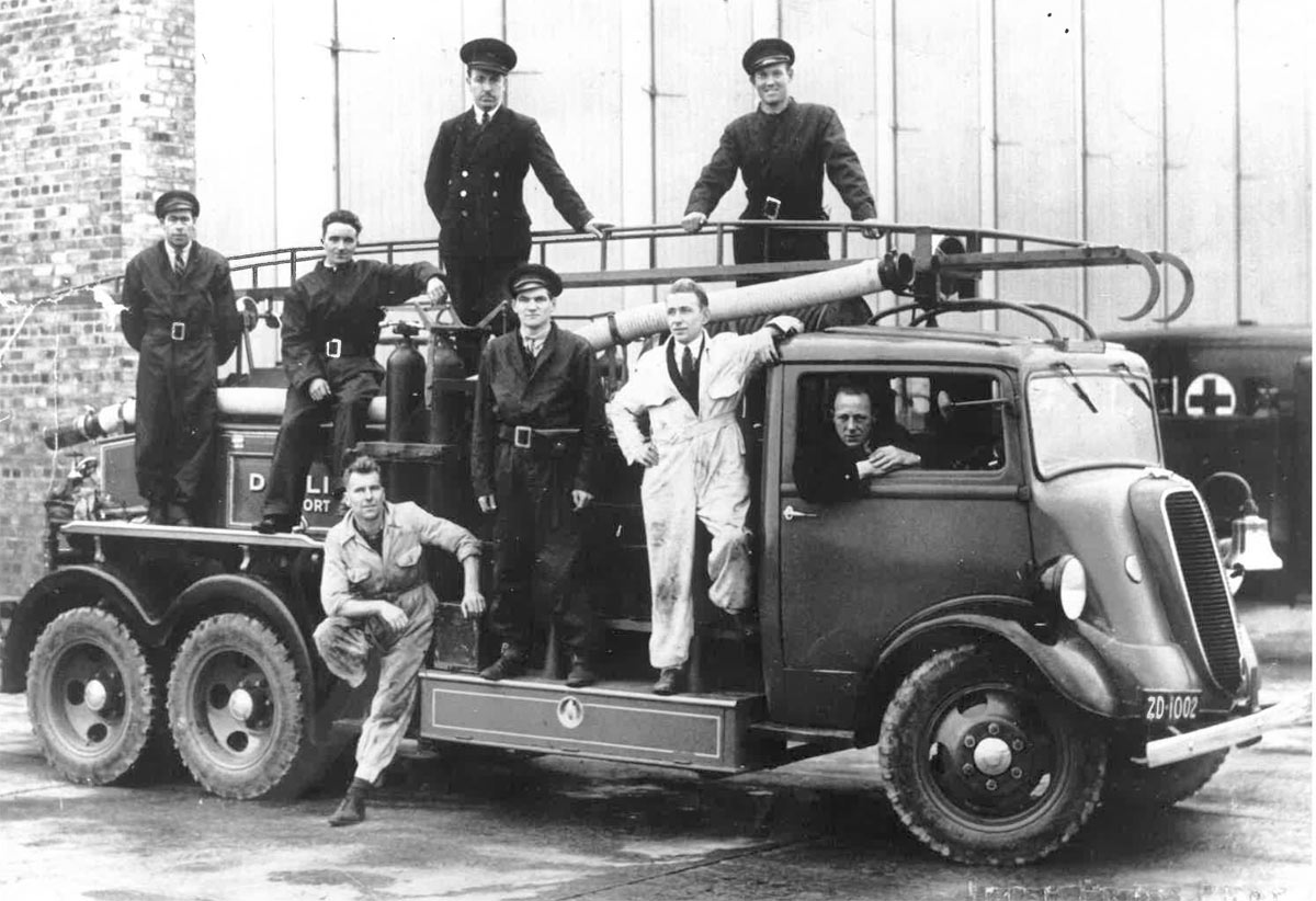 Firemen on an early tender at Dublin Airport in the 1940